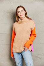 Color Block Turtleneck Sweater with Long Sleeve and Dropped Shoulders Khaki Sweater Pullovers