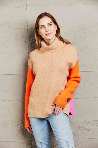 Color Block Turtleneck Sweater with Long Sleeve and Dropped Shoulders Khaki