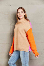 Color Block Turtleneck Sweater with Long Sleeve and Dropped Shoulders