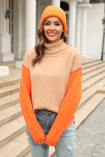 Color Block Turtleneck Sweater with Long Sleeve and Dropped Shoulders Sweater Pullovers