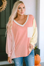 Color Block V-Neck Dropped Shoulder Sweatshirt with Pocket Woman Sweatshirts