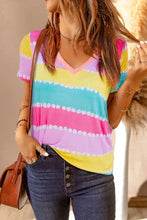 Color Block V-Neck Short Sleeve Tee Multicolor Woman T Shirts