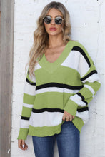 Color Block V-Neck Sweater with Long Sleeves Yellow-Green One Size