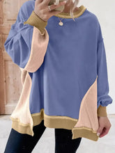 Blue and beige color block waffle knit long sleeve sweatshirt with ribbed trim machine wash cold recommended