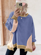 Cozy oversized blue and beige color block waffle knit long sleeve sweatshirt with ribbed cuffs and hem machine wash cold