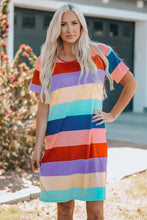 Color block women moderate stretch mini dress with rainbow stripes