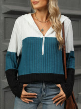 Color Blocked Hooded Sweater for Women Peacock Blue