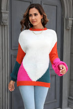 Color Blocked Knit Sweater with Long Sleeve and Round Neck Sweater Pullovers