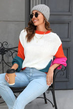 Color Blocked Knit Sweater with Long Sleeve and Round Neck Sweater Pullovers