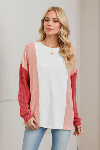 Color Blocked Long Sleeve Knit Top for Women White