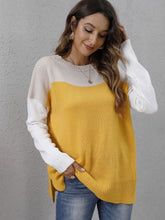 Color Blocked Long Sleeve Sweater with Round Neck for Women Banana Yellow