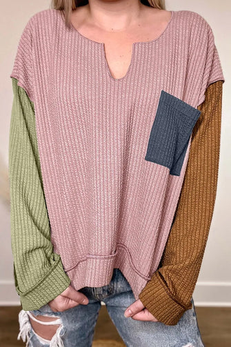 Color Blocked Ribbed Knit Sweater with Pocket Dusty Pink