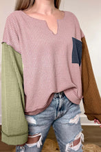 Color Blocked Ribbed Knit Sweater with Pocket