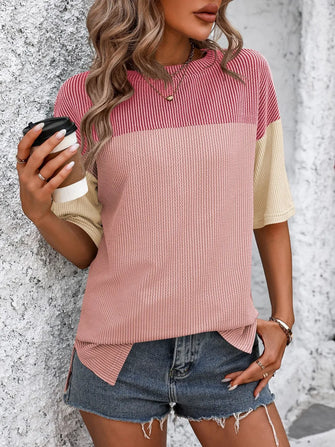 Color Blocked Ribbed Knit Top for Women Deep Rose Pink