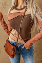 Color Blocked Ribbed Long Sleeve Top with Exposed Seam Brown