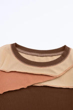Color blocked ribbed long sleeve top with exposed seam in brown, beige, pink