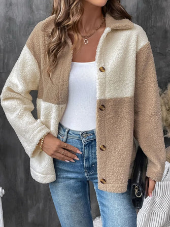Color Blocked Sherpa Teddy Jacket for Women Button Down Tan