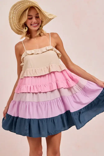 BiBi Color Blocked Tiered Dress CREAM PINK LILC TEAL Casual Dresses
