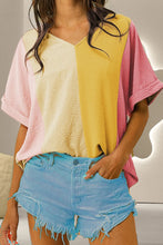 Color Blocked V Neck Polyester Blouse for Women Yellow