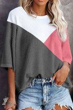 Color Blocked Waffle Knit Short Sleeve T Shirt for Women Dark Gray
