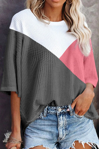 Color Blocked Waffle Knit Short Sleeve T Shirt for Women Dark Gray