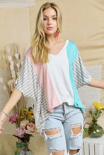 Colorblock Casual Knit Tunic Top with Striped Sleeves for Women GREY STRIPE