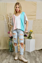 Colorblock Casual Knit Tunic Top with Striped Sleeves for Women