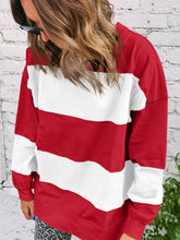 Colorblock drop shoulder baggy sweatshirt with red and white stripes, long sleeves, relaxed fit, machine wash cold