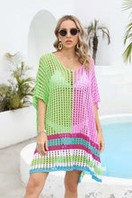 Colorful Crochet Scoop Neck Cover-Up with Half Sleeves Yellow-Green One Size Swimwear Cover-Ups