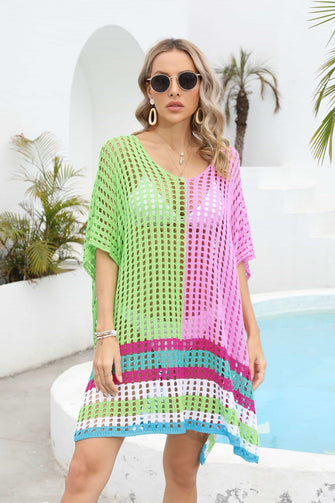 Colorful Crochet Scoop Neck Cover-Up with Half Sleeves Yellow-Green One Size