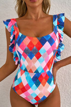 Colorful Diamond Pattern One Piece Swimsuit with Ruffled Straps