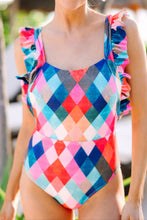 Colorful Diamond Pattern One Piece Swimsuit with Ruffled Straps Multicolor