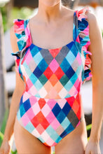 Colorful Diamond Pattern One Piece Swimsuit with Ruffled Straps Swimwear