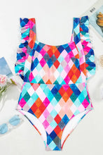 Colorful Diamond Pattern One Piece Swimsuit with Ruffled Straps Swimwear