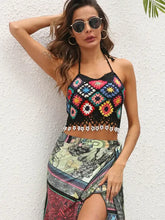 Colorful floral crochet halter top with beaded trim
