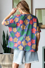 Colorful floral pattern round neck short sleeve ribbed top for women