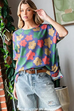 Colorful floral pattern round neck short sleeve ribbed top for women