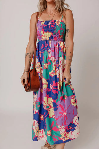 Colorful Floral Print Cotton Maxi Sundress Purple