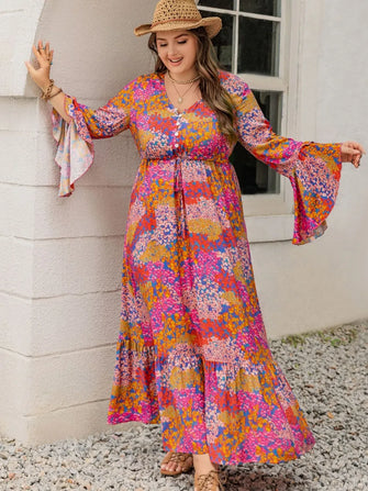 Colorful Floral Print Viscose Maxi Dress Orange-Red