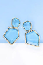 Blue hexagon resin dangle earrings with gold accents and zinc alloy frames