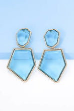 Blue resin dangle earrings with gold hexagon accents and zinc alloy frames