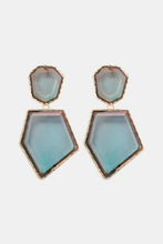 Blue hexagon resin dangle earrings with gold accents and zinc alloy frame