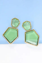 Green resin dangle earrings in hexagon shape with zinc alloy frame