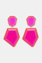 Pink resin dangle earrings with geometrical shape zinc alloy frames and gold accents