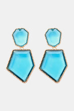 Blue hexagon resin dangle earrings with gold accents and zinc alloy frame