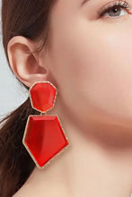 Red resin dangle earrings with geometrical shape zinc alloy frame