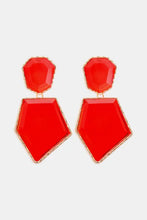 Red resin dangle earrings with geometrical shape zinc alloy frame and gold accents