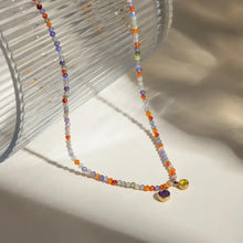 Delicate glass stone necklace with 14k gold-plated stainless steel chain and colorful gemstone charms