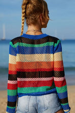 Colorful Long Sleeve Striped Open-Knit Crochet Sweater Cover-Up Swimwear Cover-Ups