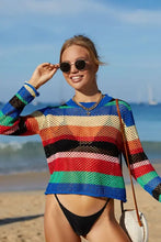 Colorful Long Sleeve Striped Open-Knit Crochet Sweater Cover-Up Swimwear Cover-Ups